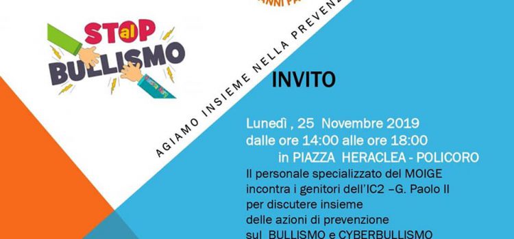 Il giro dell’Italia del MOIGE contro il cyberbullismo arriva anche in Basilicata, all’IC2 “Giovanni Paolo II” di Policoro, il 25 novembre.